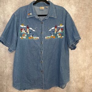 Vintage 90's Quizz New York Woman Denim Fully Embroidered Lighthouse ButtonUp 22